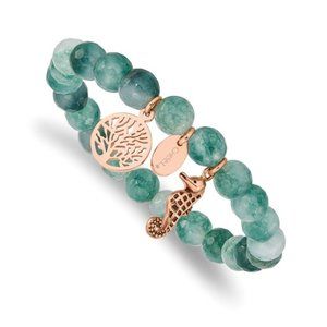 Stainless Steel Rose IP Green Jade Bracelet